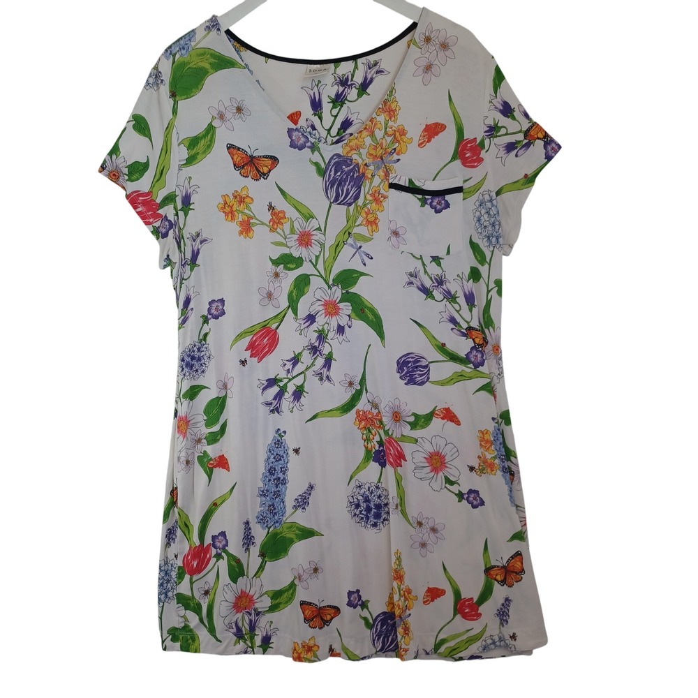 Soma Womens XL Floral Butterfly Nightgown V-Neck Short Sleeve Lounge Dress White